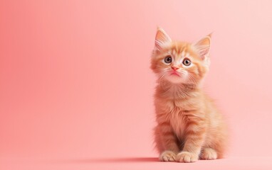 Fototapeta premium Cute orange kitten with big blue eyes sitting calmly against a pink background