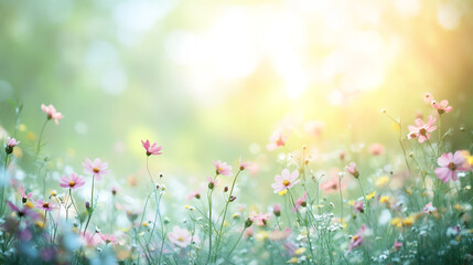 Fototapeta premium A serene countryside view of a spring meadow at sunrise, Sunlight shining through the grass, illuminating small white flowers in springtime season, Dreamlike mystical gardens with vibrant flowers.