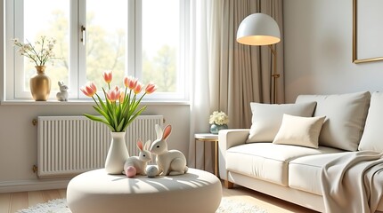 A charming contemporary living room styled with elegant spring and Easter-inspired decor.