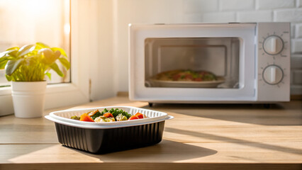 microwave safe meal containers A microwave with a meal beside it, illuminated by natural light, showcasing a cozy kitchen setting.