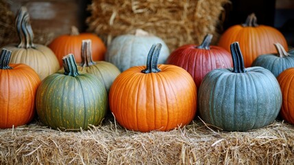 A vibrant tableau of pumpkins in hues of orange, green, and deep crimson, nestled amongst hay bales, their grinning smiles welcoming the harvest season.
