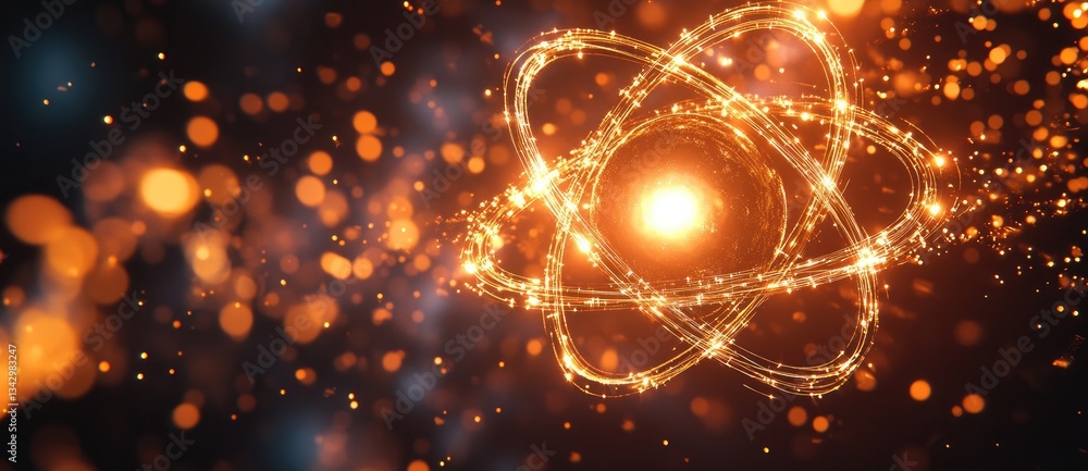 Poster a glowing atomic model with orbiting electrons against a dark background, creating a vibrant, dynami