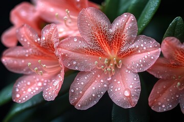 Dew-kissed pink rhododendrons, dark background, floral photography, gardening