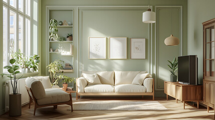 Fototapeta premium Bright and Inviting Minimalist Living Room with Green Walls and Natural Light Sources