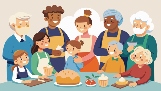 A group of Baby Boomer foodies attend a cooking class where they learn the art of making sourdough bread eager to perfect their technique and pass down the tradition to their. Vector illustration