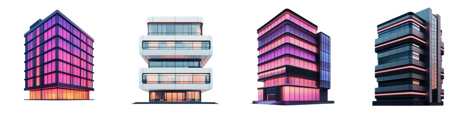 Fototapeta premium Vibrant contemporary high rise buildings featuring geometric patterns and striking color changing lighting in an urban setting