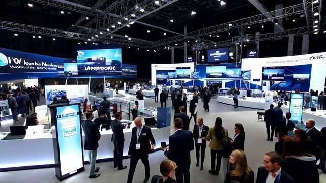exhibition hall during an international tech trade show. Business professionals are interacting across various high-tech booths, with large digital screens and lighting systems enhancing the corporate