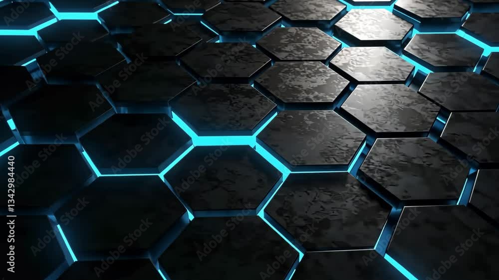 Aufkleber dark hexagons with blue light shining through the cracks creating a futuristic background design