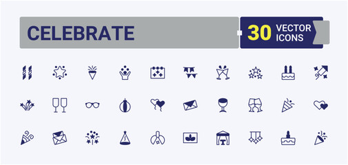 Celebrate icon collection. Featuring decoration, happy, anniversary, entertainment, party, firework and more. Celebration icon set in linear style. Minimalist icons pack.