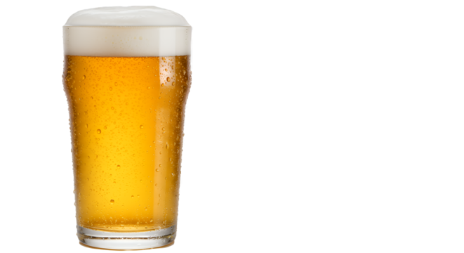 Golden Effervescent Beer in Pint Glass Against White Background