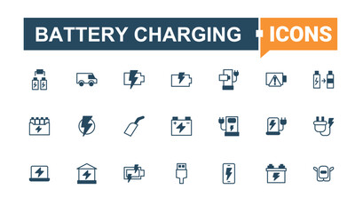 Battery Charging vector icon set. Included technology, plug, power, electrical, electricity, charge, energy and more. Charging icon set. Minimalist vector collections. Editable vector. Pixel perfect.