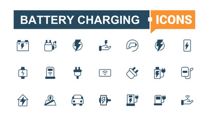 Battery Charging vector icon set. Included technology, plug, power, electrical, electricity, charge, energy and more. Charging icon set. Minimalist vector collections. Editable vector. Pixel perfect.