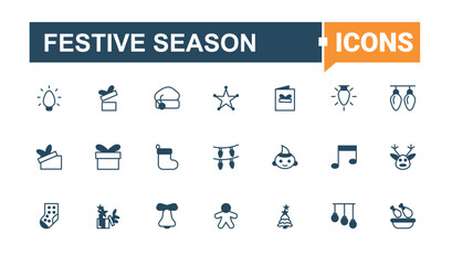 Festive Season icon set. Included icon, gift, set, snowflake, cane and more. Christmas icon pack. Minimalist icons collection. Outline and solid pictogram.