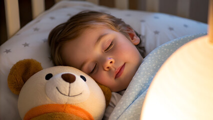 healthy sleep habits darkness routine consistency A child peacefully sleeps with a teddy bear, enveloped in warmth and comfort.