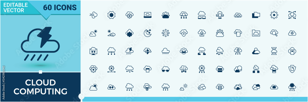 Poster cloud computing icon set. contain linear sign technology, communication, computing, hosting, network