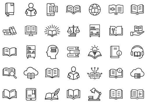 Reading and Learning Line Icons – Books, Library, E-Books, Knowledge, Digital Learning, Audiobooks, Education, Research, Literature, Online Reading, and Study Icon Set
