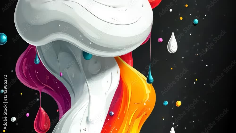 Poster vibrant abstract art swirling colorful shapes and droplets on dark background creating dynamic fluid