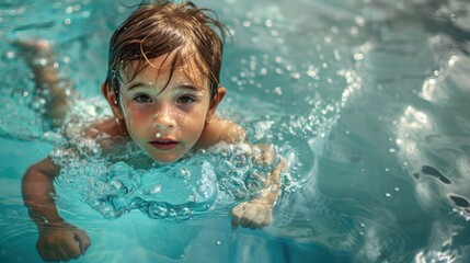 Little boy swims in clear water in the pool on vacation