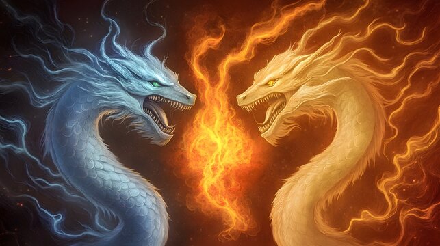 A legendary three-headed dragon, each head breathing a different elemental force: fire, ice, and lightning