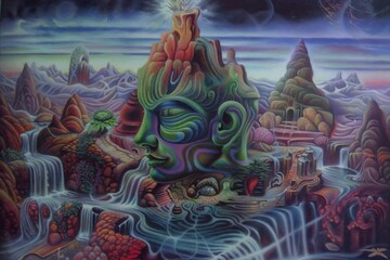 Dreamlike landscape featuring a psychedelic stone face amidst flowing waterfalls, colorful foliage, surreal 80s vibe. Ideal for digital art, posters, creative designs, fantasy visuals.