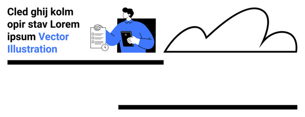 Man holding a tablet and analyzing documents with pie chart icon, abstract cloud shape. Ideal for data management, analytics, digital tools, cloud computing, workflow, productivity, simple landing