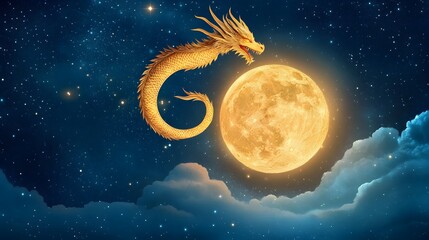 A celestial dragon wrapped around a glowing full moon, its scales shimmering like stardust