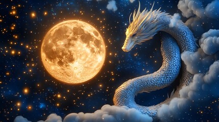 A celestial dragon wrapped around a glowing full moon, its scales shimmering like stardust