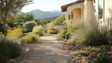 Fototapeta premium Stone Pathway Through a Desert Landscape Leading to a House