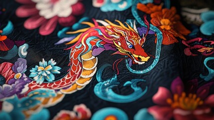 Vibrant Dragon Embroidery on Dark Fabric