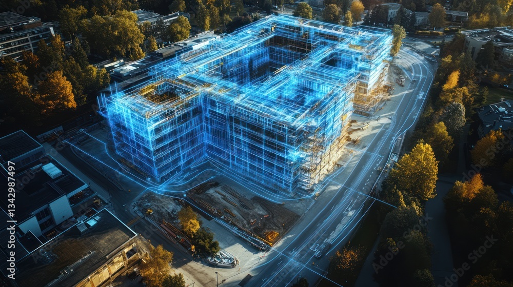 Poster aerial view of building construction site overlayed with 3d model