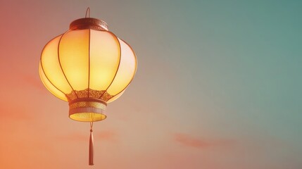 Fototapeta premium A glowing traditional paper lantern hanging in the colorful sky