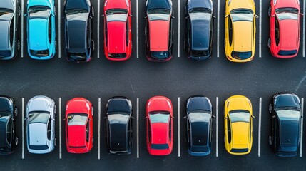 Colorful cars neatly parked in rows.  Organized parking lot