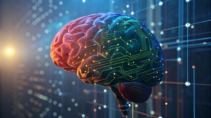 Neurodiversity Technology Digital brain merging technology with neuroscience, glowing in a futuristic setting.