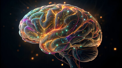 Neurodiversity Technology Visual representation of a brain with colorful neural connections and glowing elements.