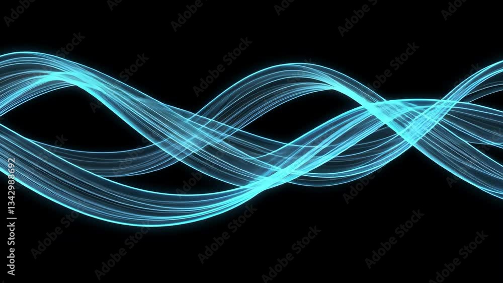 Poster abstract flowing light blue waves against a black background creating a dynamic pattern