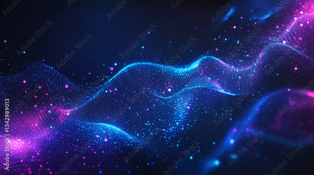 Poster holographic particle waves flowing across a gradient tech-inspired blue and purple background, creat