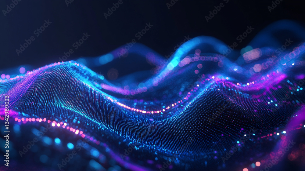 Poster holographic particle waves flowing across a gradient tech-inspired blue and purple background, creat