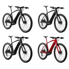 Four Electric Mountain Bicycles Isolated On Transparent Background In Various Colors And Designs