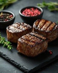 Grilled beef fillets, herbs, spices, dark slate, restaurant menu
