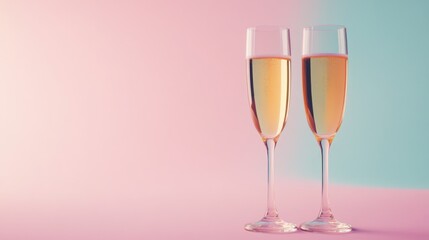 Two tall glasses of champagne on a colorful background