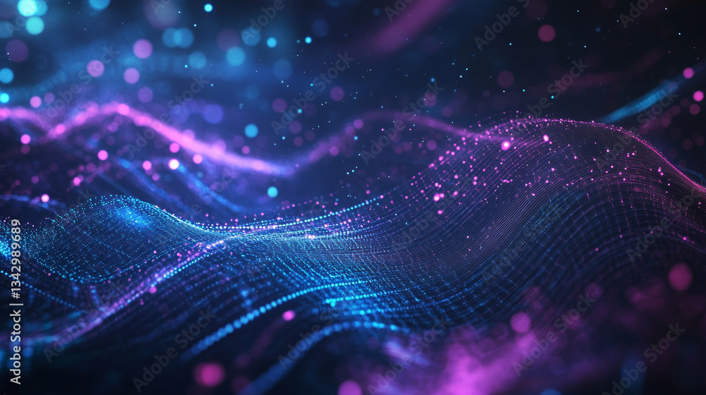Poster holographic particle waves flowing across a gradient tech-inspired blue and purple background, creat