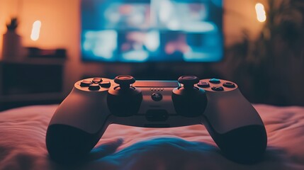 Close-up of a glowing gaming console with game discs and controllers, symbolizing gaming industry growth and entertainment technology trends