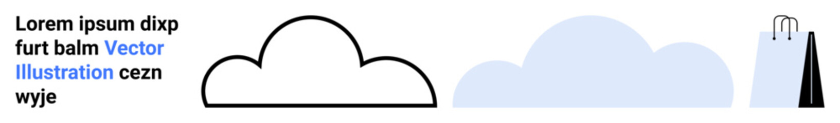 Simplistic black and blue clouds paired with a stylized shopping bag. Ideal for weather, environment, design simplicity, cloud computing, e-commerce, branding, simple landing page