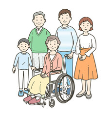 車いすのお婆さんを介助する三世代家族が集合した全身イラスト