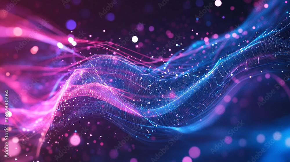 Poster holographic particle waves flowing across a gradient tech-inspired blue and purple background, creat