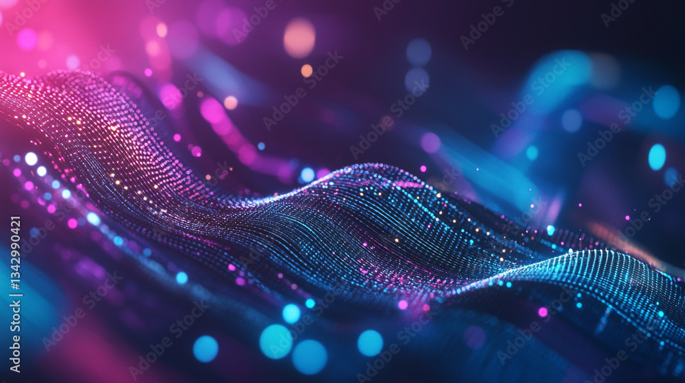 Poster holographic particle waves flowing across a gradient tech-inspired blue and purple background, creat