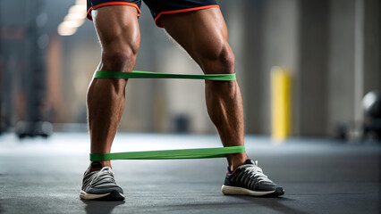sports injury prevention conditioning Athlete training with resistance bands on legs in a gym setting.