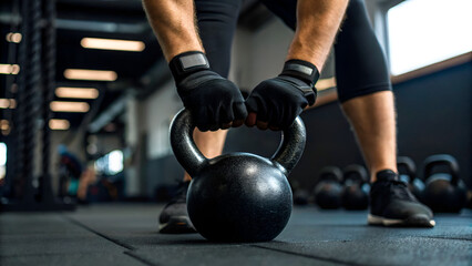 sports injury prevention conditioning Athlete lifting a kettlebell in a modern gym setting, emphasizing strength training and fitness.