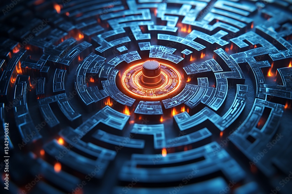Poster abstract digital maze pattern interconnected circuit elements ethical dilemma symbolism deep blue te