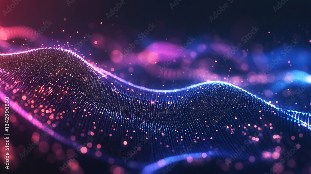 Poster holographic particle waves flowing across a gradient tech-inspired blue and purple background, creat